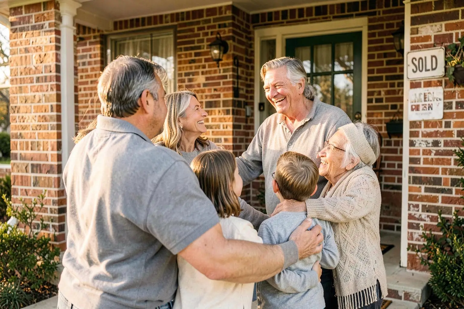 Family celebrating with grandparents on the porch of their new Mississippi home