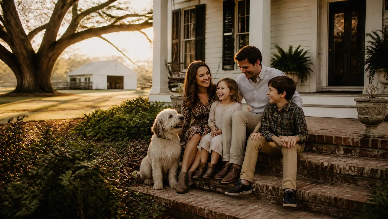 A family relaxing together on the front porch of their North Mississippi home