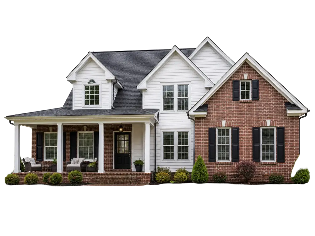 Brick and white-siding family home with a covered front porch